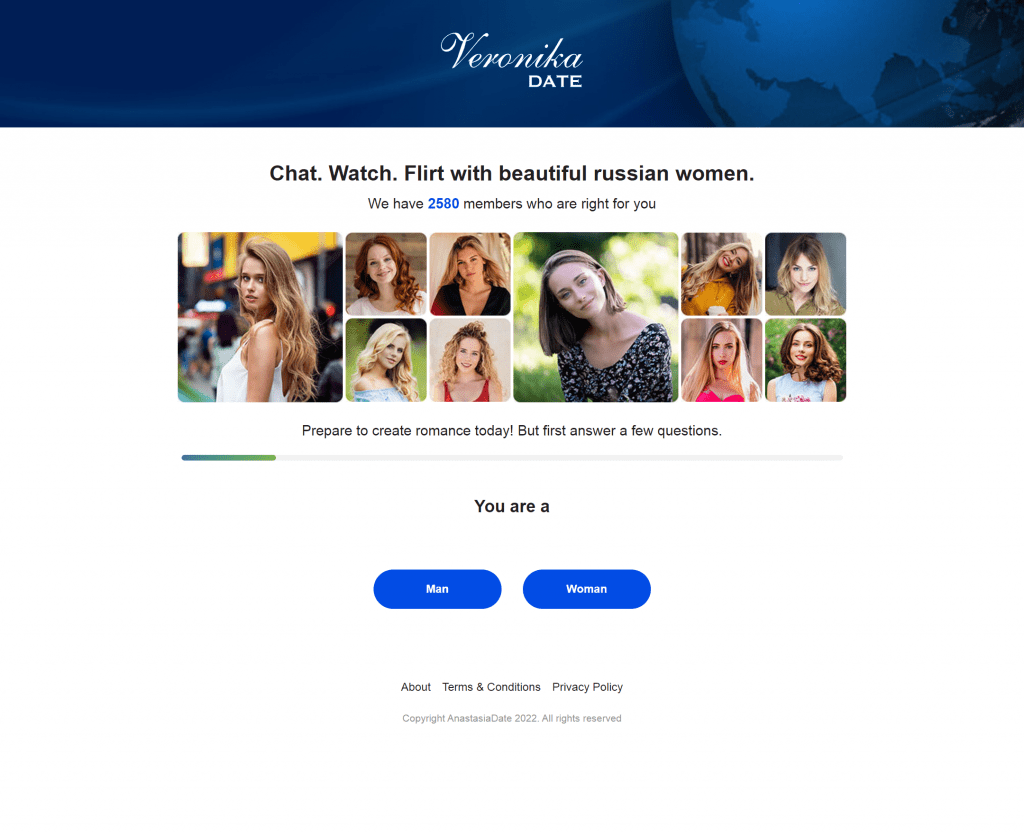 Front page of VeronikaDate, asking the user if they are male or female, to continue using the site.